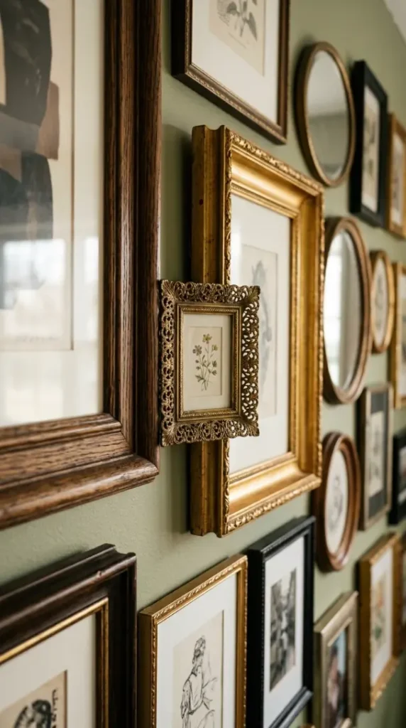 11 Thrifted Gallery Wall Ideas With Mismatched Frames 9 9. Distressed Terracotta Frame Beside a Cool Grey Driftwood Frame