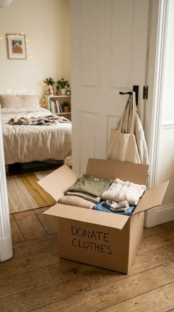 16 Minimalist Bedroom Declutter Ideas for Late Summer 9 9. Donation Box by the Door Half Filled