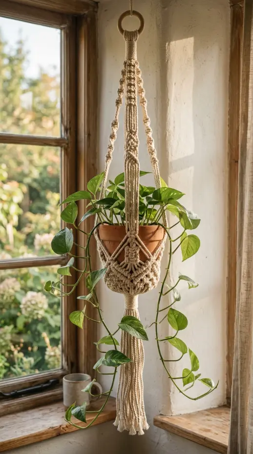 20 Summer Cottagecore Sunroom Gingham Sitting Corner 9 9. Hanging Macrame Plant Holder