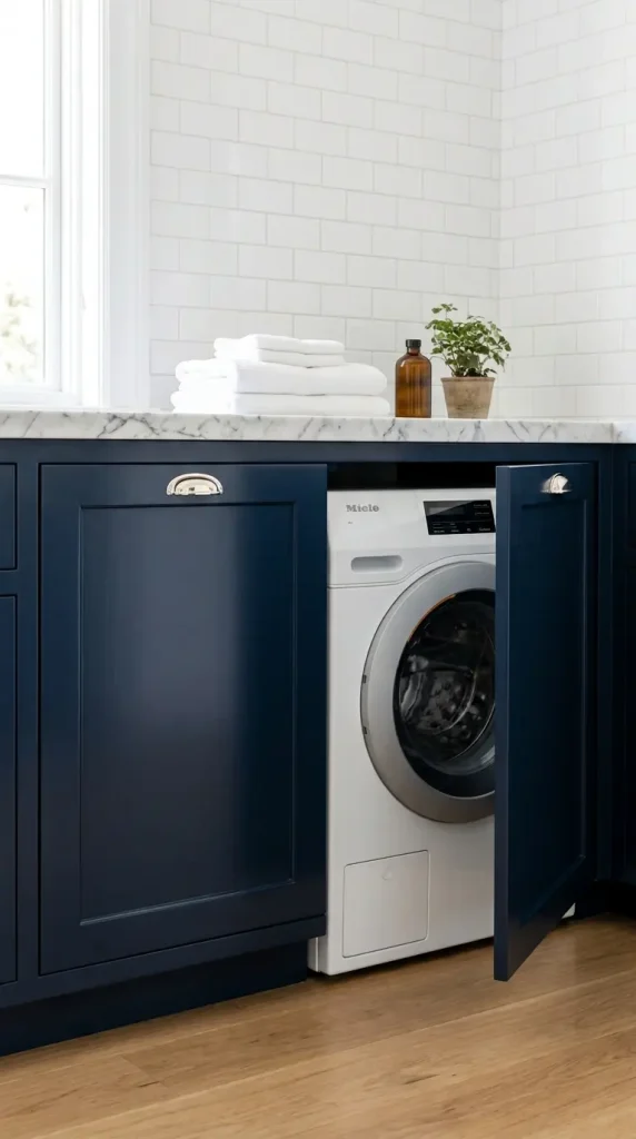 12 Luxury Laundry Room Ideas Navy White Nautical Refined 9 9. Integrated Appliances Behind Navy Panel Doors