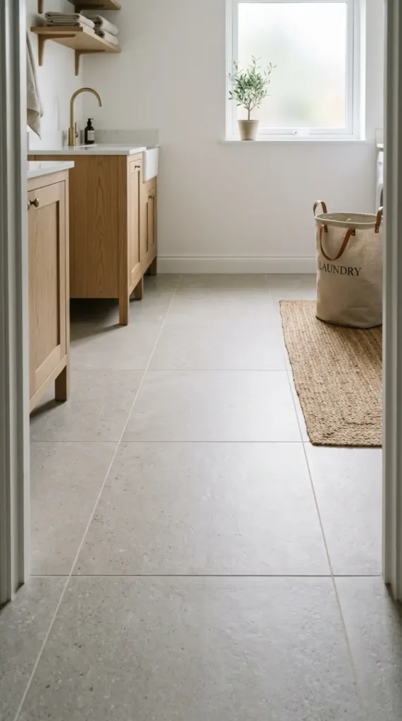 15 Elegant Laundry Room Ideas Warm White Oak Scandinavian Style 9 9. Large Format White or Pale Grey Floor Tile