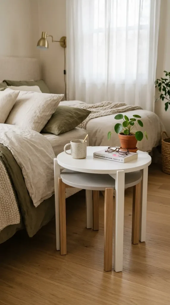 17 Small Bedroom Declutter Ideas for a Spacious Feel 9 9. Nesting Side Tables Collapsed Into One Footprint