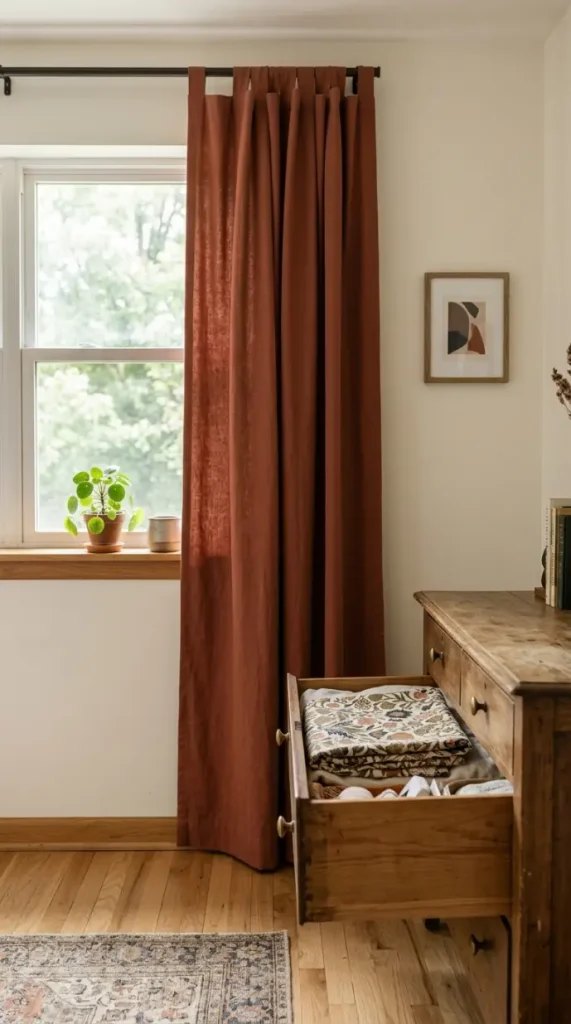13 Late Summer Bedroom Textile Swap Declutter Refresh 9 9. Patterned Curtain Panels Swapped for Solid Rust