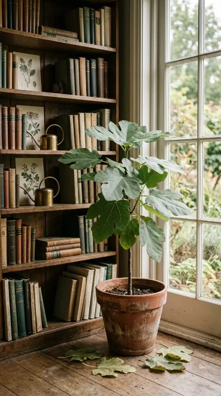 13 Light Linen Wingback Reading Chair Bookshelf Corner 9 9. Potted Fig Tree Beside the Shelves