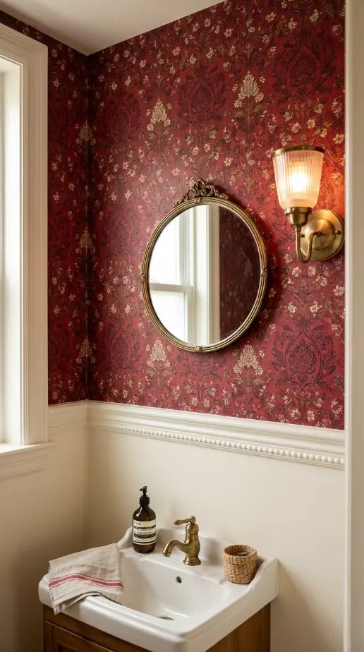 18 Jewel Tone Bathroom Ideas for a Luxurious Space 9 9. Ruby Red Powder Room Wallpaper Above the Chair Rail