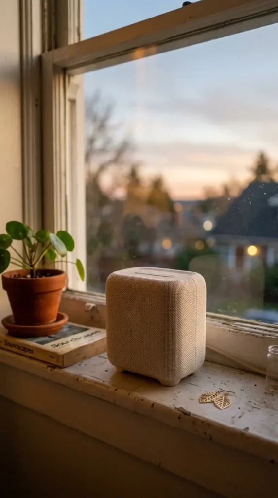 13 Golden Hour Bedroom Aesthetic Evening Ritual Corner Ideas 9 9. Small Speaker Playing Soft Music
