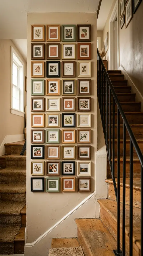 13 Small Thrifted Gallery Wall Ideas for Staircases 9 9. Small Square Frames in a Tight Grid Beside a Steep Narrow Stair