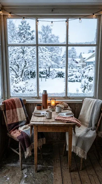 13 Romantic Thanksgiving Table for Two Date Night Idea 9 9. Snow Dusted Porch Table Wrapped in Wool Blankets