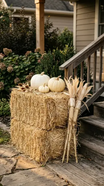 12 Neutral Halloween Decor Ideas for a Chic Front Porch 9 9. Stacked Hay Bales With Cream Pumpkin and Dried Corn Display