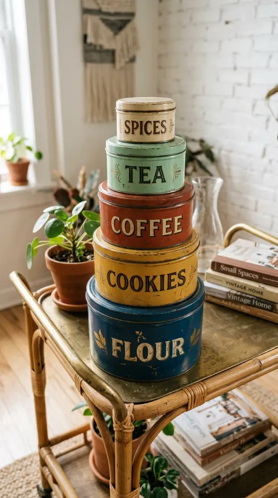 17 Small Space Eclectic Coffee Corner Ideas for Renters 9 9. Stacked Vintage Tins as Modular Storage