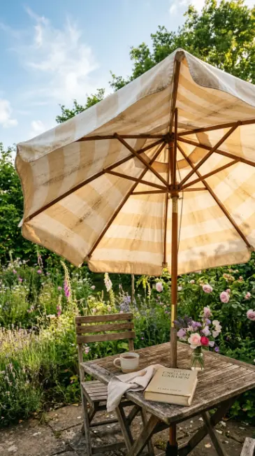 14 Summer Cottagecore Garden Patio Wildflower Sitting 9 9. Sun Bleached Market Umbrella