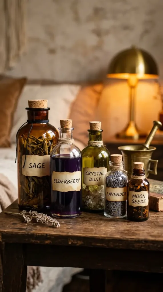 13 Cozy Halloween Decor Witchy Bedroom Corner Style 9 9. The Apothecary Bottle Collection