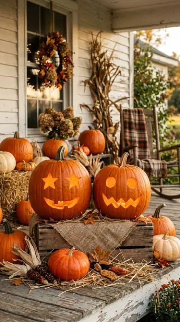 13 Outdoor Halloween Display Farmhouse Harvest Porch Style 9 9. The Carved Jack-o-Lantern Farmhouse Face