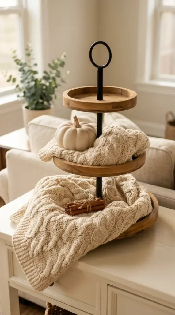13 Neutral Fall Decor Ideas for Tiered Tray Vignette Style 9 9. The Chunky Knit Drape Tier