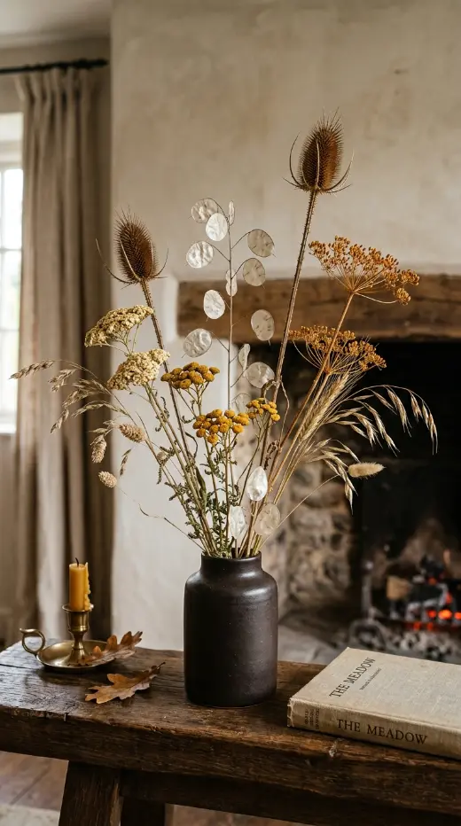 15 Fall Mantel Decor Ideas for a Botanical Nature Inspired Look 9 9. The Dried Wildflower and Meadow Stem Arrangement