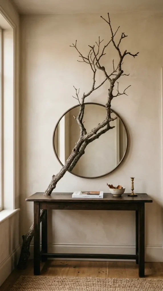 12 Neutral Fall Decor Ideas for an Entryway Console in Organic Style 9 9. The Foraged Branch Console Backdrop