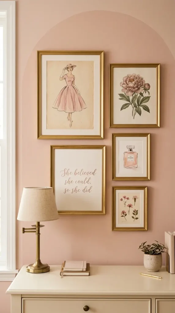 10 Home Office Ideas for Women Coquette Pink Arch Gold Style 9 9. The Gallery of Gold-Framed Prints