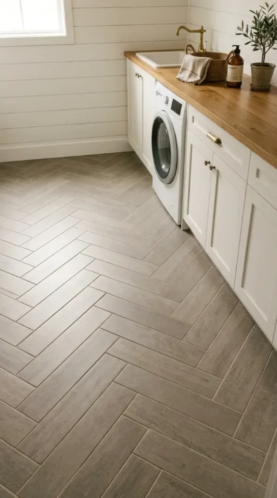 15 Laundry Room Designs Modern Farmhouse Shiplap and Warm Wood 9 9. The Herringbone Tile Floor