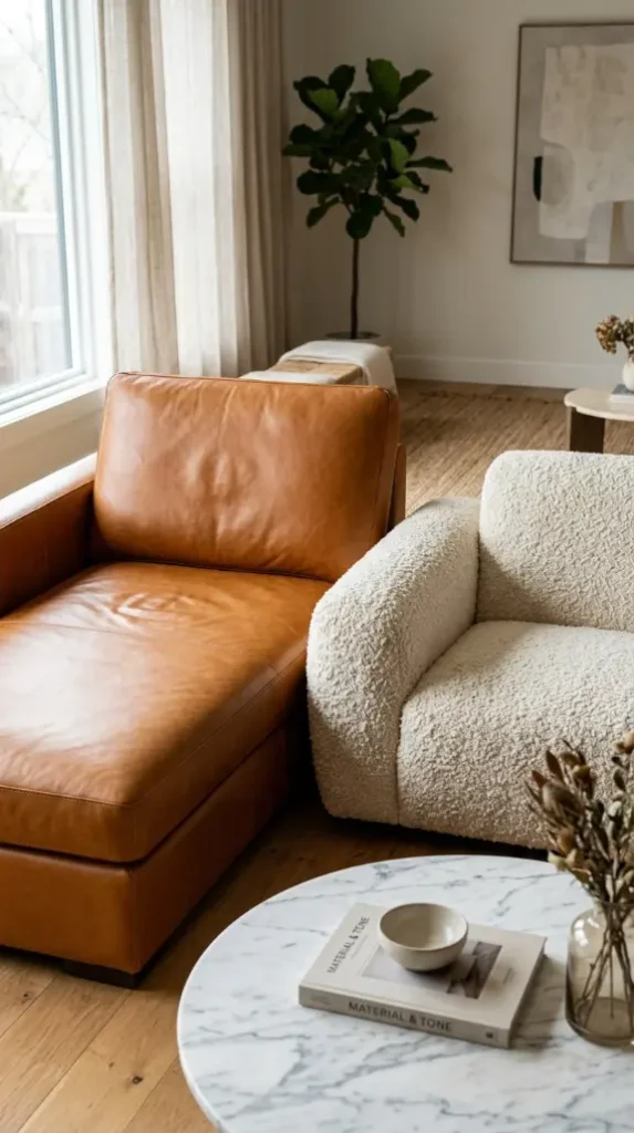 24 Chaise Lounge Modern Leather Statement Living Room 9 9. The Leather Chaise and Boucle Armchair Texture Contrast