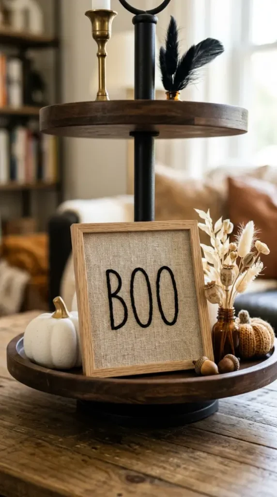 16 Halloween Tiered Tray Ideas Neutral Sophisticated Style 9 9. The Linen BOO Sign in Natural Frame