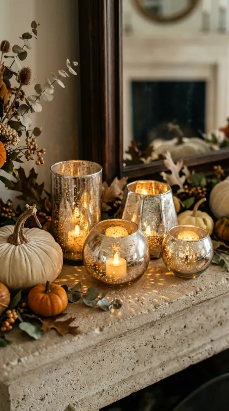 17 Elegant Halloween Mantel Decor French Country Style 9 9. The Mercury Glass Votive Cluster