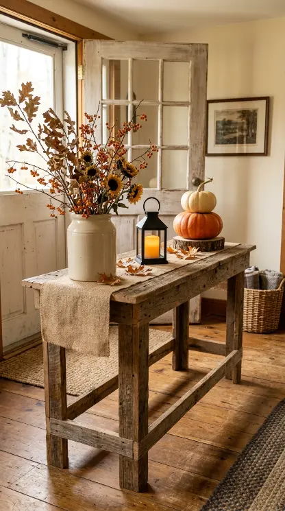 13 Rustic Fall Decorating Front Porch and Entryway Style 9 9. The Rustic Console Table Entryway Arrangement