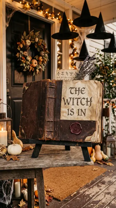 12 Easy Halloween Entryway Decor Witchy Floating Hats Style 9 9. The Spell Book Welcome Sign