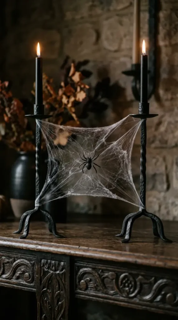 14 Neutral Halloween Decor Gothic Console Table Style 9 9. The Spider Web Draped Minimally