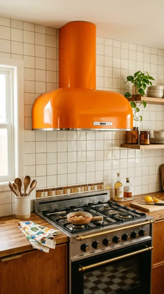 18 Dopamine Kitchen Ideas for a Bold Colorful Space 9 9. Vibrant Orange Range Hood