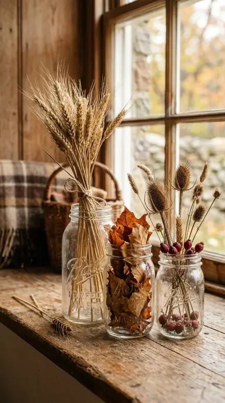 12 Rustic Fall Decorating Ideas Farmhouse Living Room 9 9. Vintage Mason Jars as Fall Display Vessels