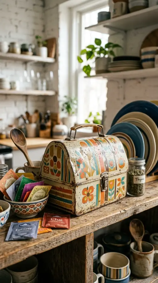 15 Nostalgic Open Shelf Dopamine Kitchen Display Ideas 9 9. Vintage Metal Lunchbox Used as Storage