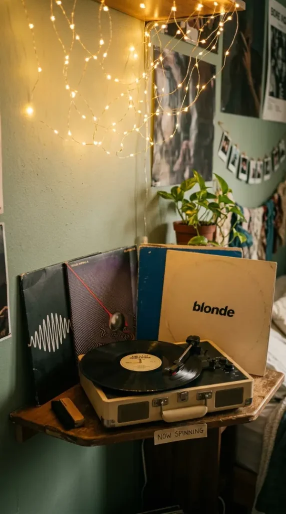 15 Romanticizing My Room Small Space Fairy Light Canopy Ideas 9 9. Vinyl Record Player on a Tiny Corner Shelf