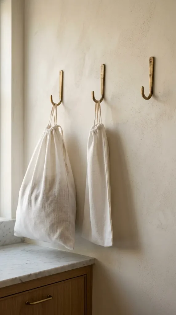 18 Laundry Room Designs Quiet Luxury Marble and Warm Wood Look 9 9. White Linen Laundry Bags on Brass Hooks