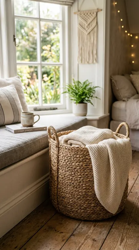 14 Curtained Window Reading Nook Soft Dreamy Corner Ideas 9 9. Woven Basket for Extra Blankets