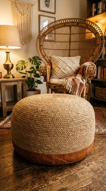 17 Small Reading Nook Cozy Corner Boho Woven Warmth 9 9. Woven Jute Pouf