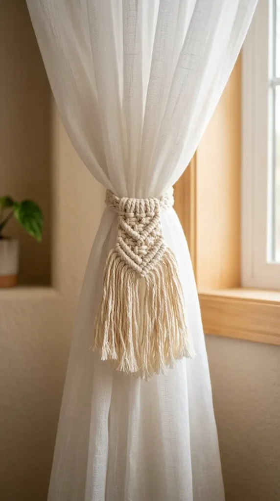 18 Romanticizing My Room Small Space Sheer Drapery Ideas 9 9. Woven Tassel Tiebacks Holding the Drapery Open